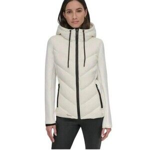 DKNY Ladies Mix Media Scuba Puffer Jacket White Large NWT